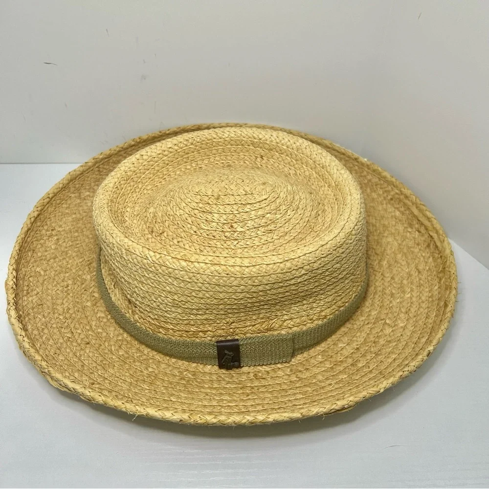 Scala Golf Beach Wide Brim Men's Tan Straw Hat Olive Green Ribbon Detail - Picture 2 of 9